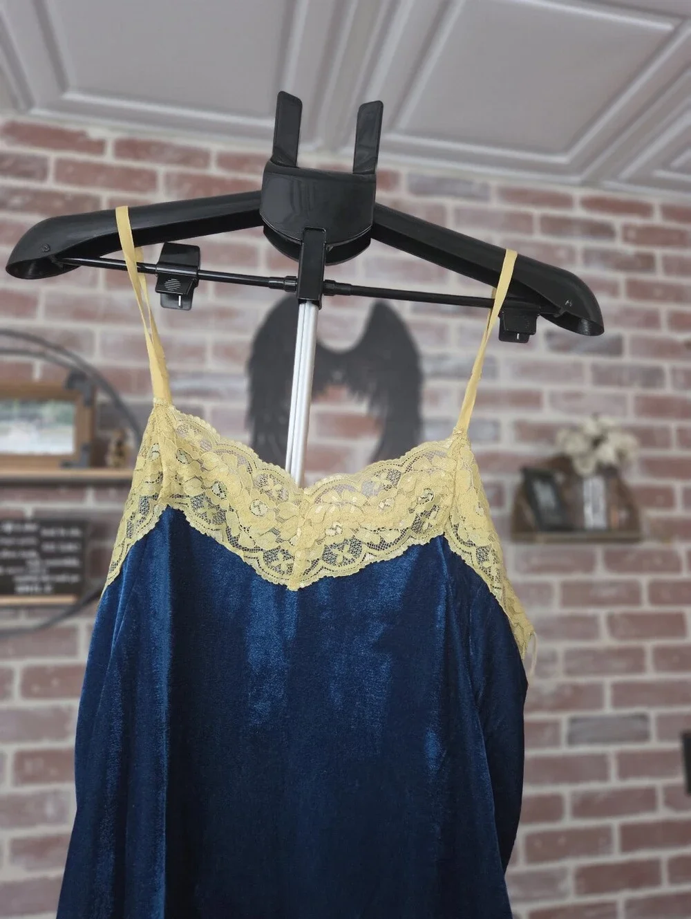Aratta Blue Velvet Chemise with Beige Lace Trim